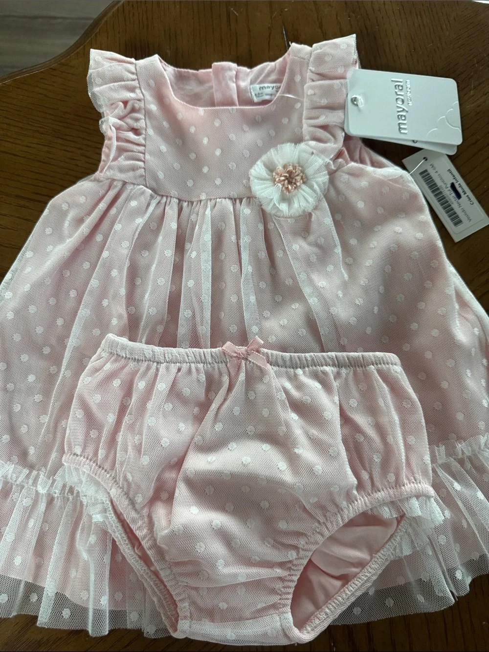 Mayoral Pink Polka Dot Ruffle Dress with Matching Bloomers